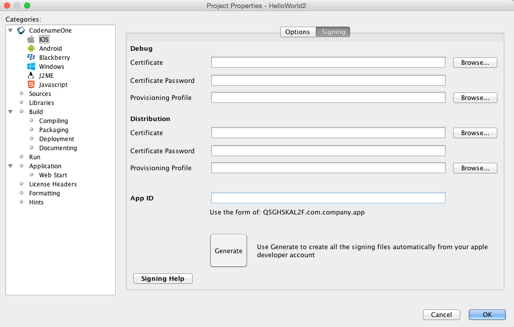 Netbeans iOS Signing properties panel