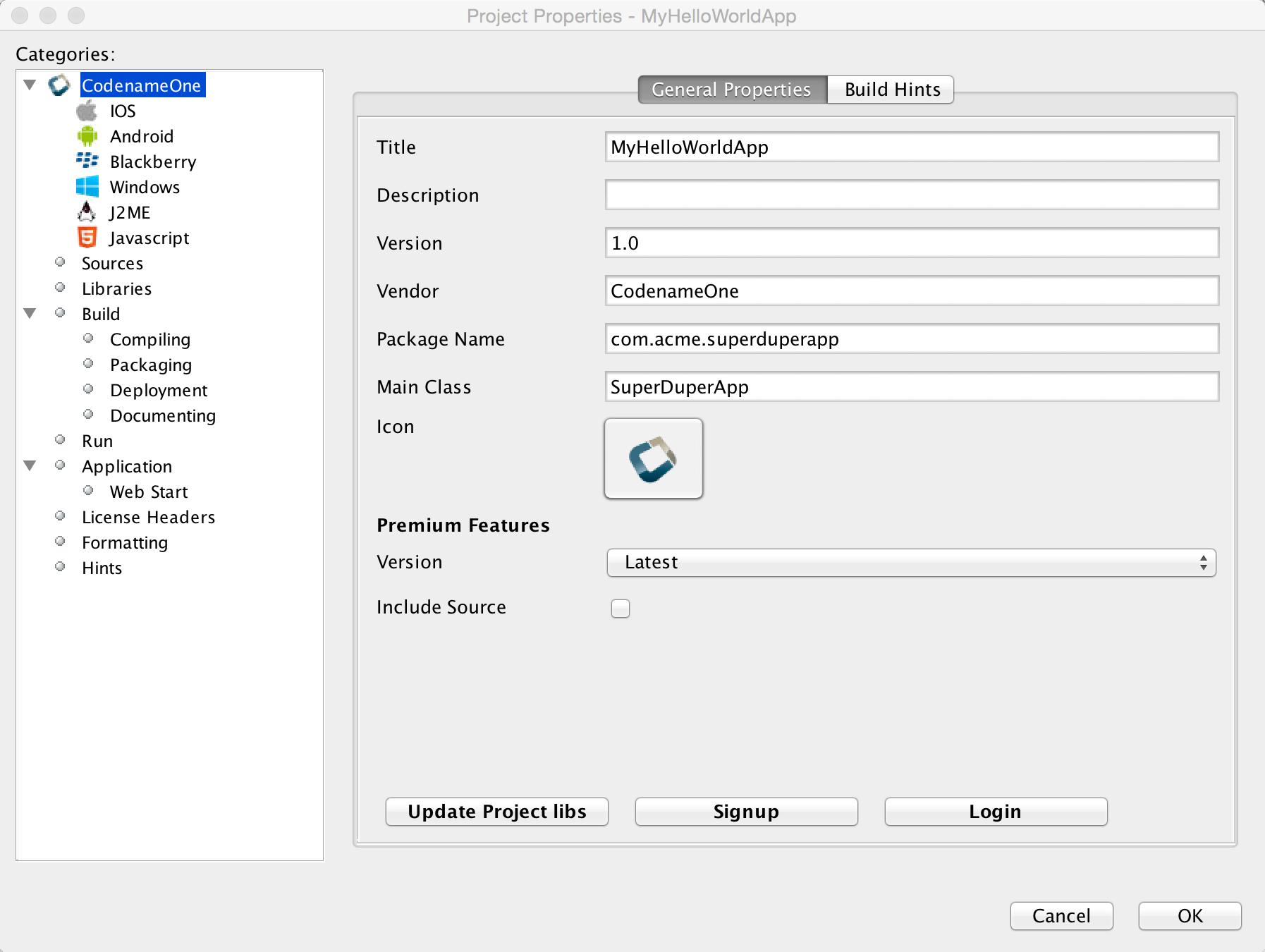 Codename One project preferences