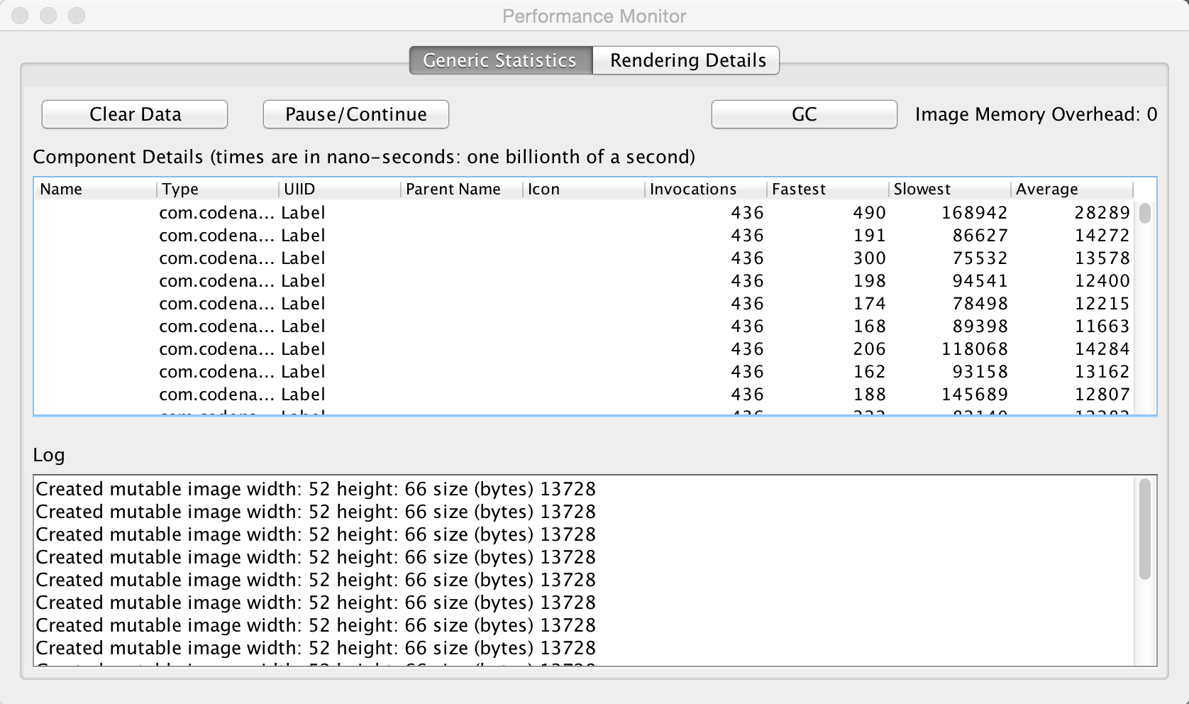 Main tab of the performance monitor: Logs and timings