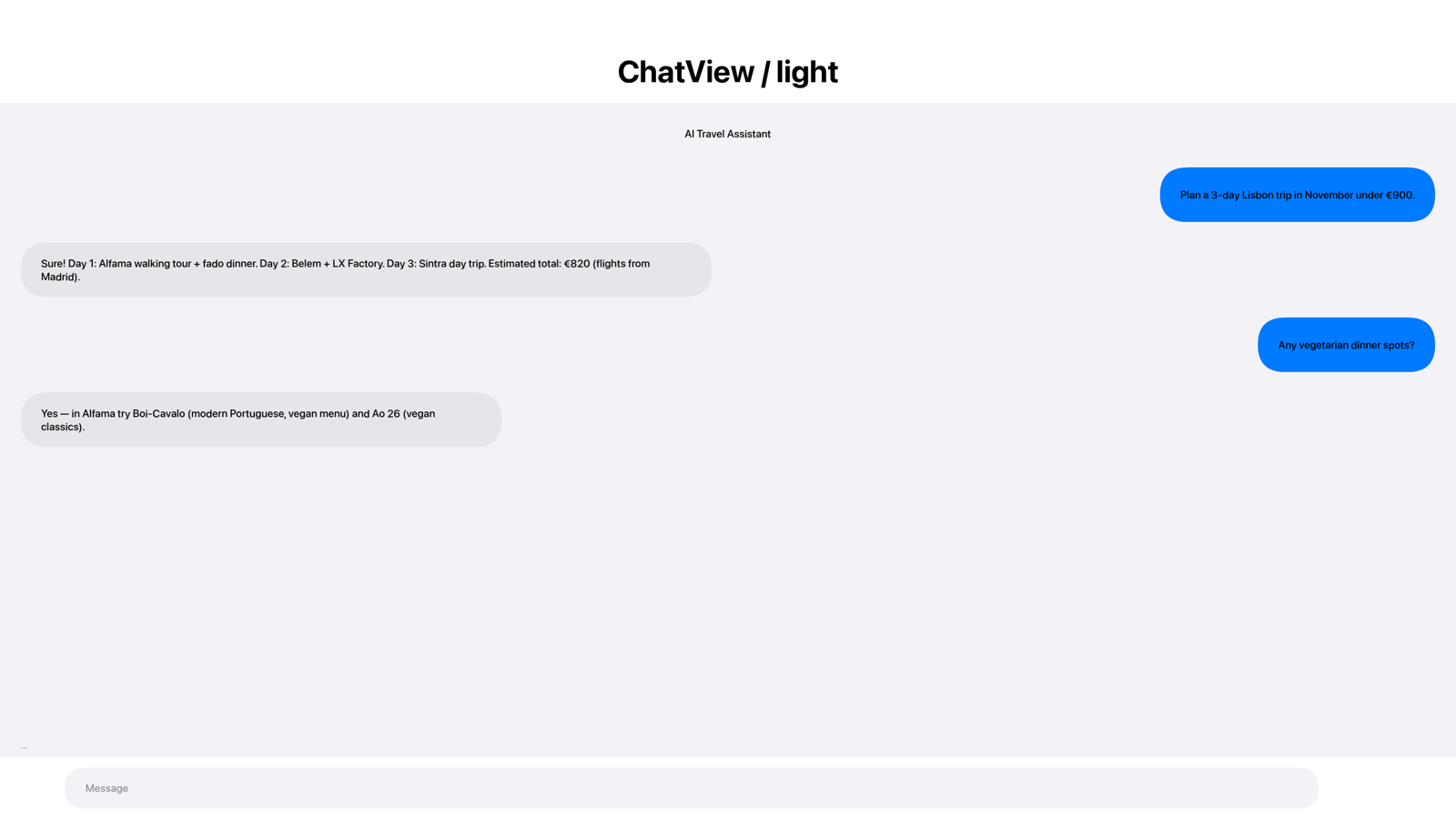 A Codename One ChatView screen rendering on the Apple TV simulator at 4K, drawn by the framework's Metal renderer