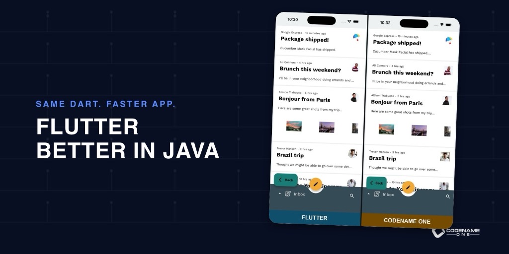 The Flutter Gallery running in Flutter and in Codename One side by side