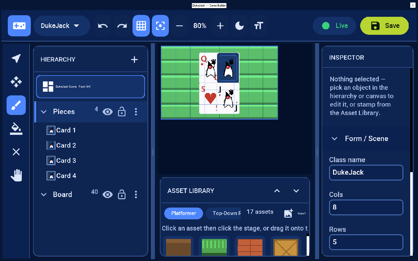 A blackjack card game built with the Game Builder