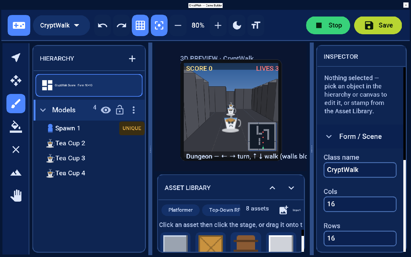Sculpting and walking a 3D dungeon in the editor's first-person preview