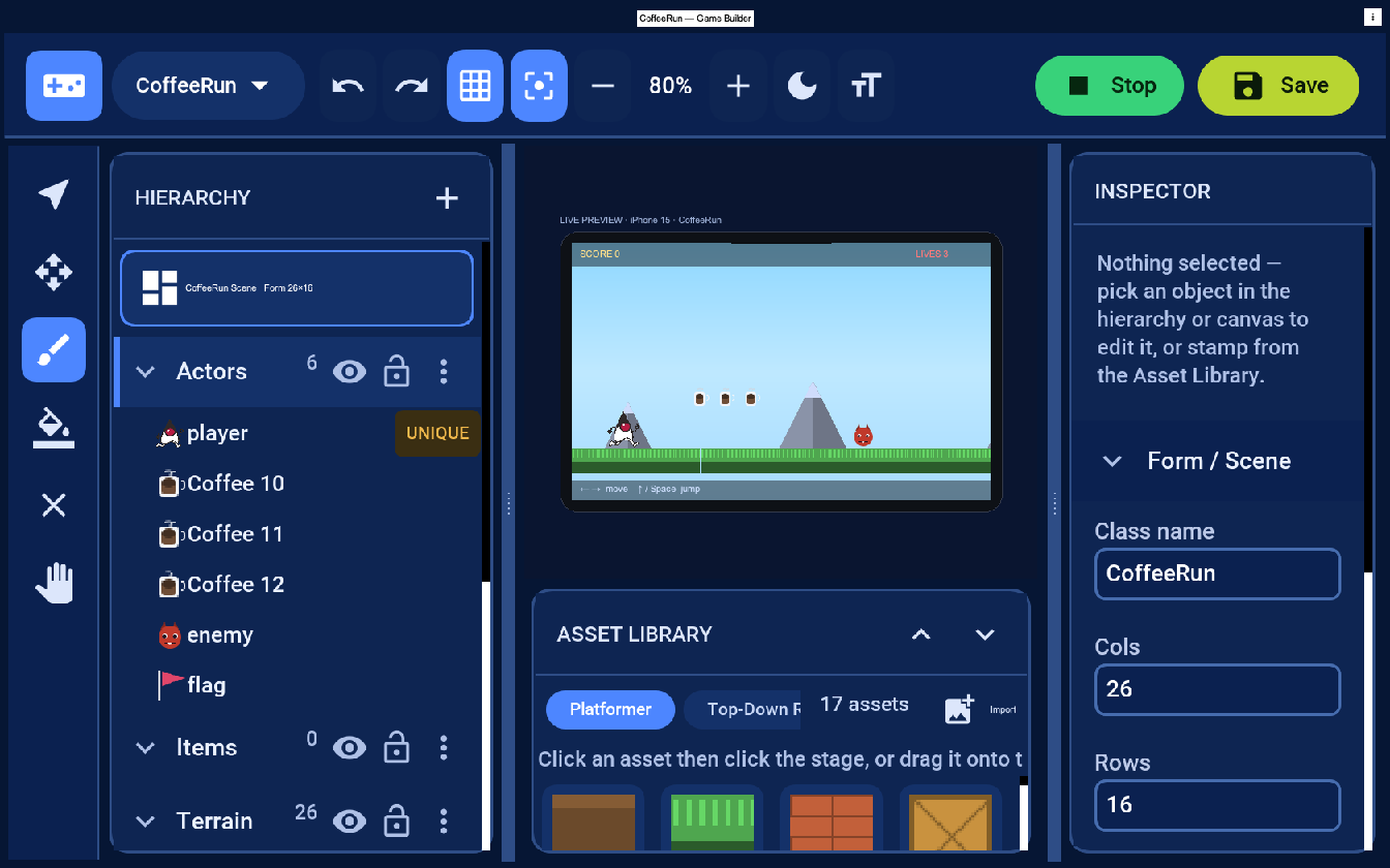 Playing Duke's Coffee Run in the editor
