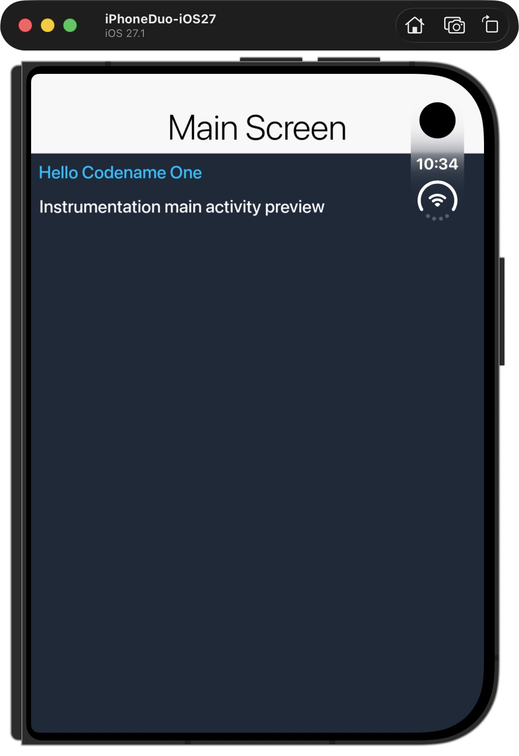 Codename One test app in the iPhone Duo simulator running iOS 27.1