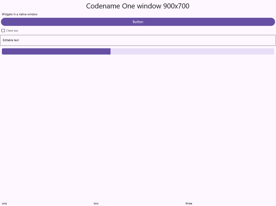 Codename One controls laid out inside a native Windows secondary window