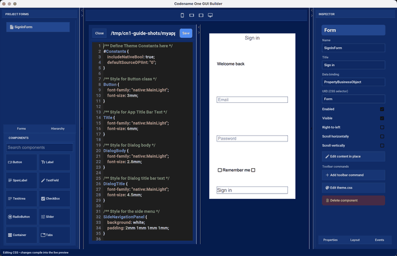 Editing the project CSS beside the live form preview
