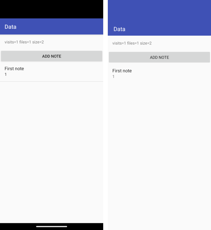 A file in the application’s files directory and a SQLite database, on Android (left) and on Codename One (right)