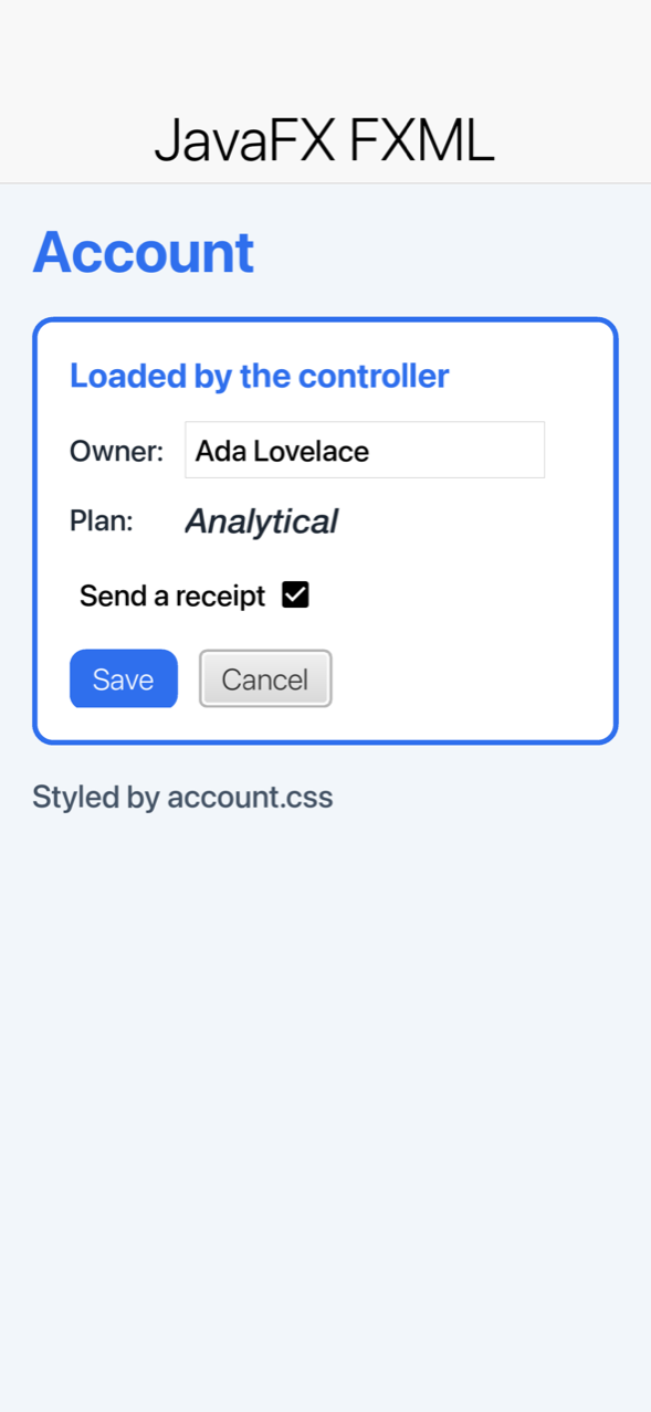 An FXML form running on an iPhone