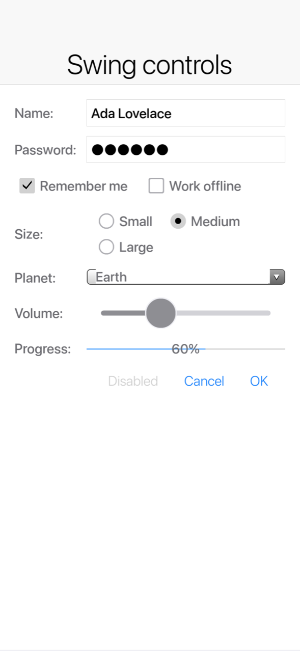 Swing controls running on an iPhone