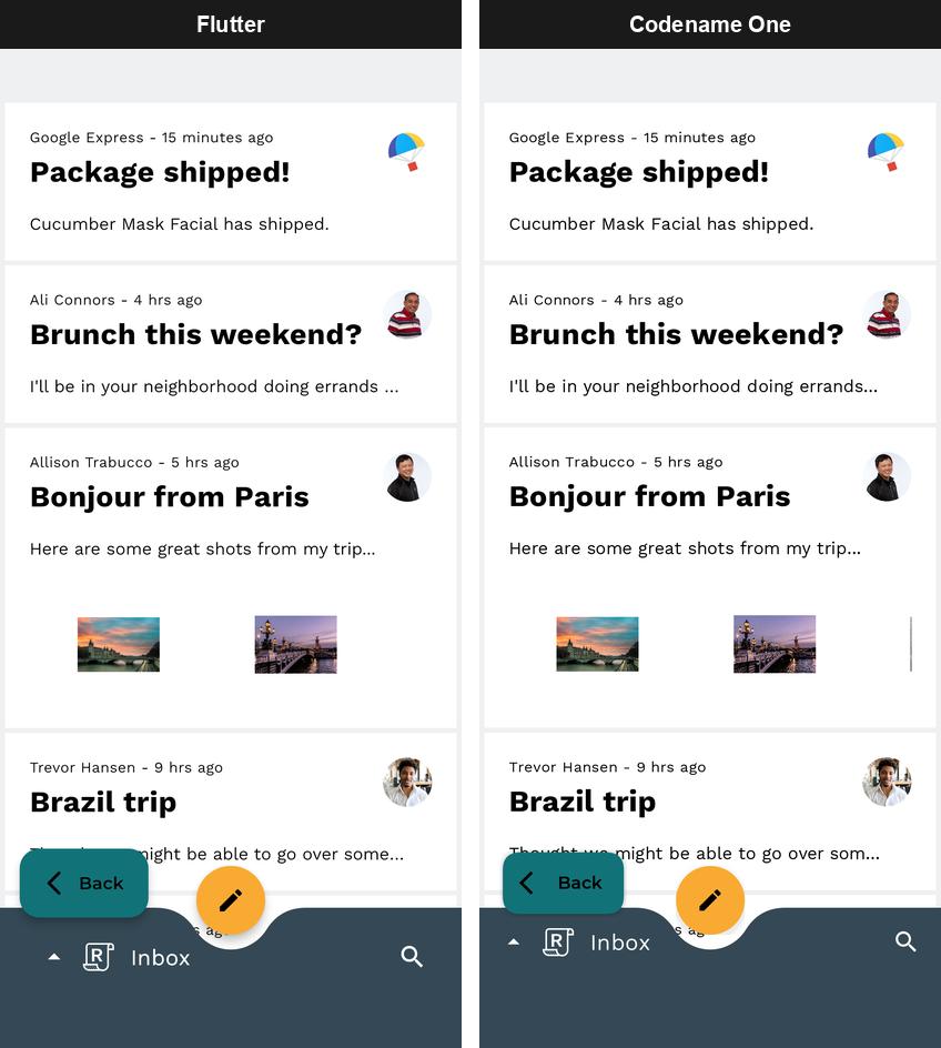 The Reply study’s inbox rendered by Flutter and by Codename One