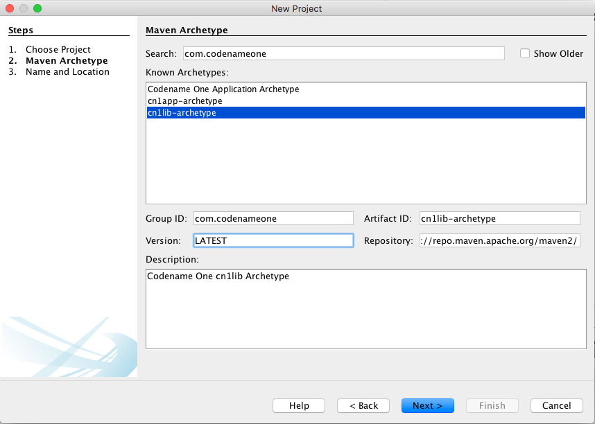 netbeans maven archetype cn1lib dialog