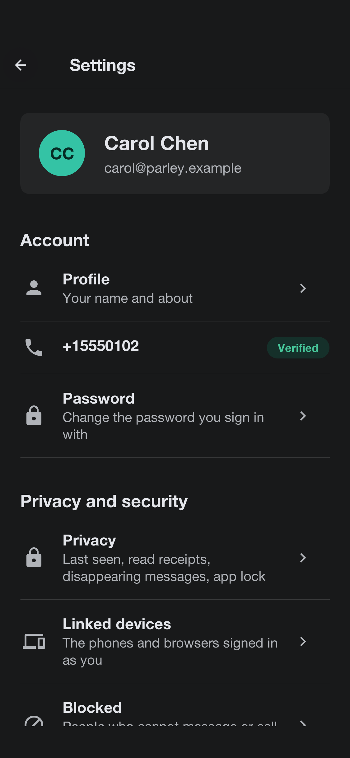 The settings screen in the dark theme with the profile card, account and privacy sections