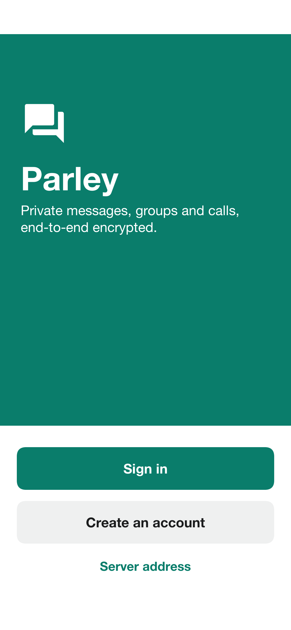 The Parley welcome screen with buttons to sign in, to create an account and to set the server address