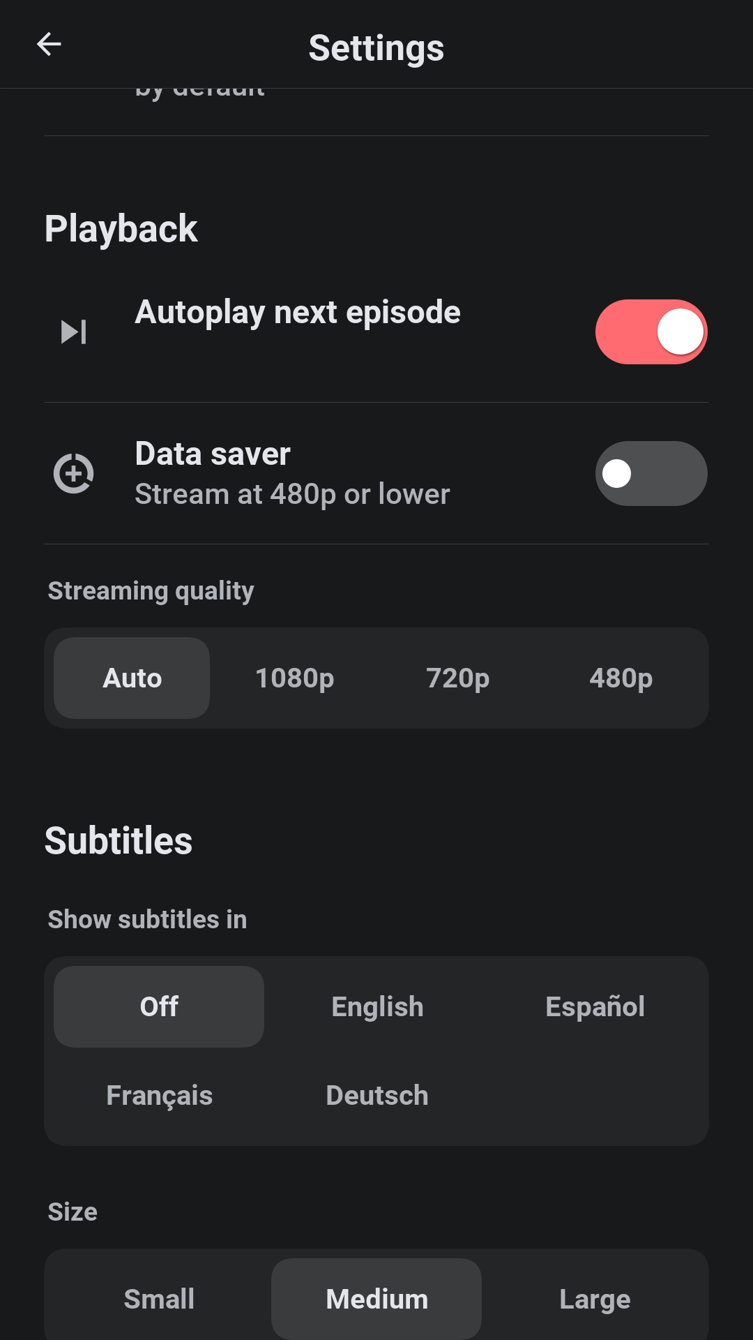 Settings with autoplay, data saver and the streaming quality, then the subtitle language, the subtitle size and a sample of how subtitles look
