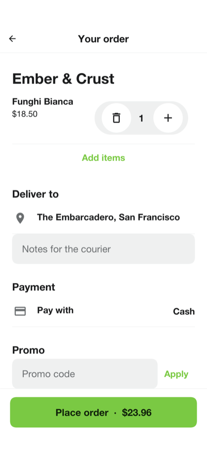 The checkout with the dish, a note, the card that pays, a promo code field, the tip choices and the total broken into fees