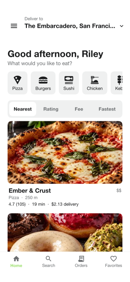The customer home screen: the address to deliver to, a greeting, a row of cuisines, the sort choices and the list of restaurants
