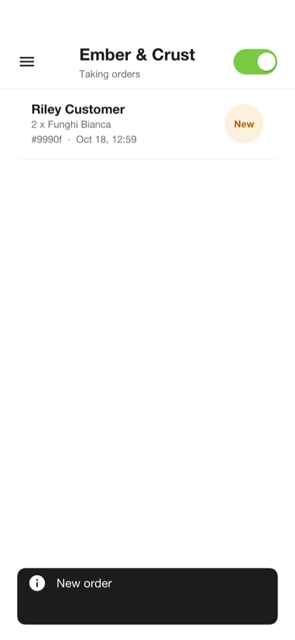 The restaurant’s order queue with a new order at the top, its dishes summarized and a badge reading New