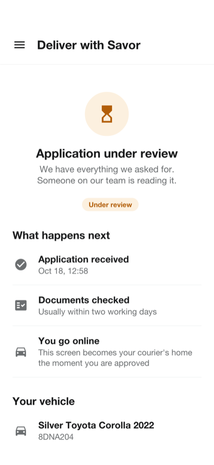 The screen an applicant sees while the application is under review, with the steps that follow