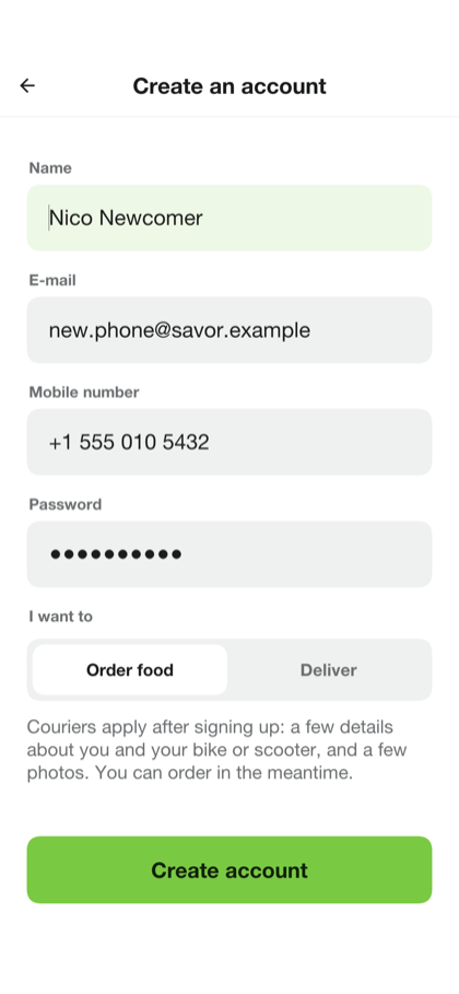 The form for a new account with fields for name, e-mail, mobile number and password
