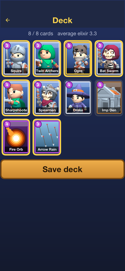 The deck screen: ten card portraits, eight of them framed in gold, the deck’s average elixir cost and a button to save it
