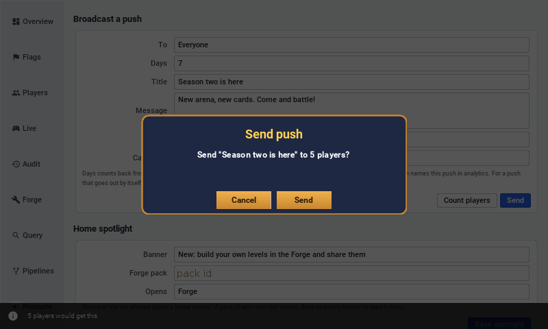 The confirmation before a push goes out, naming its title and the number of players it reaches