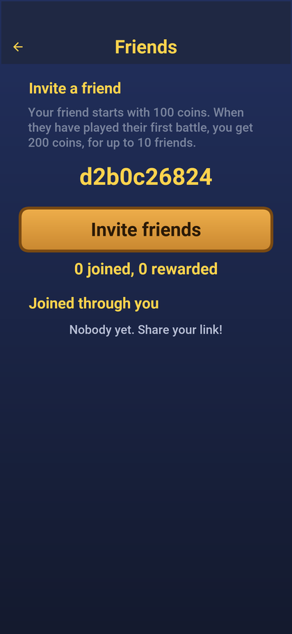 The Friends screen a player invites from, with the rewards spelled out above the code