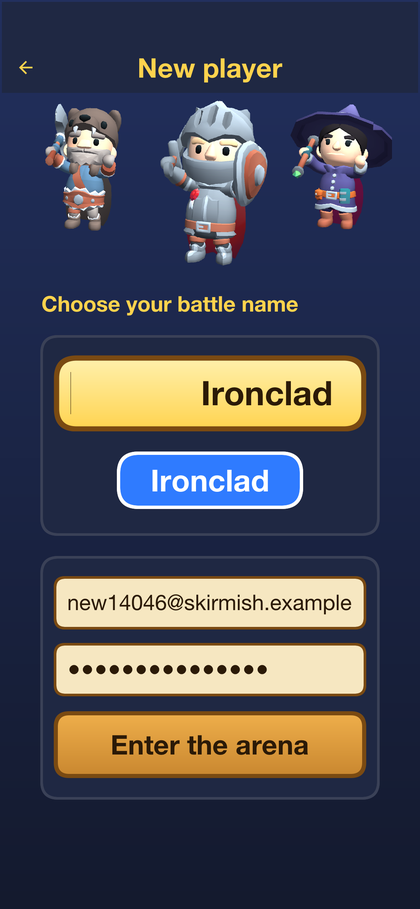 Creating an account: three heroes above a field for the battle name, its preview, and fields for e-mail and password
