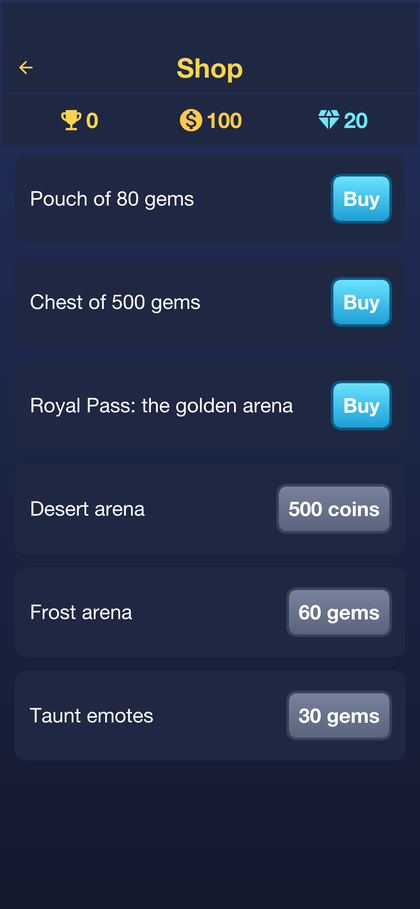 The shop: gem packs with prices, and cosmetic items with their gem cost