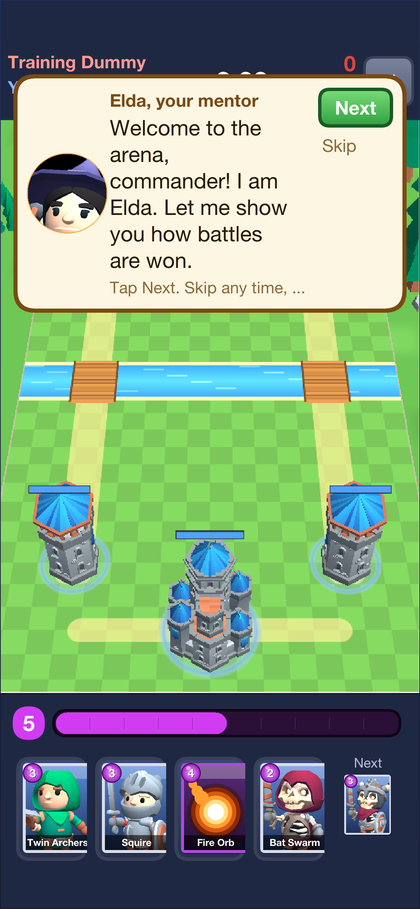 The training battle with Elda’s speech bubble welcoming the player and a Next button