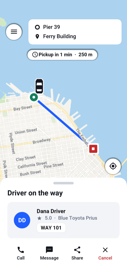 Follow the driver to pickup.