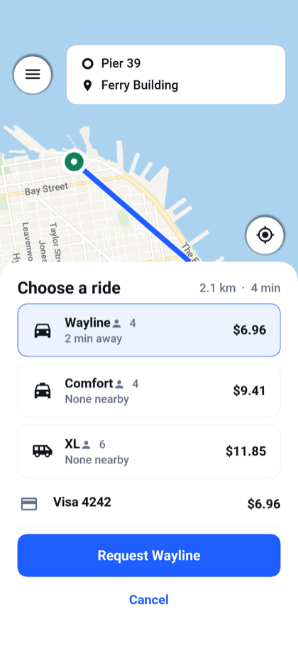 Compare vehicle categories and quoted fares.
