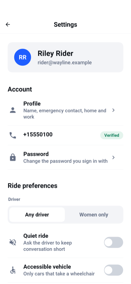 Account, ride and appearance preferences.