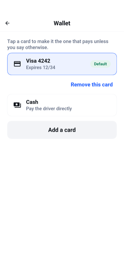 Keep a default card or choose cash.