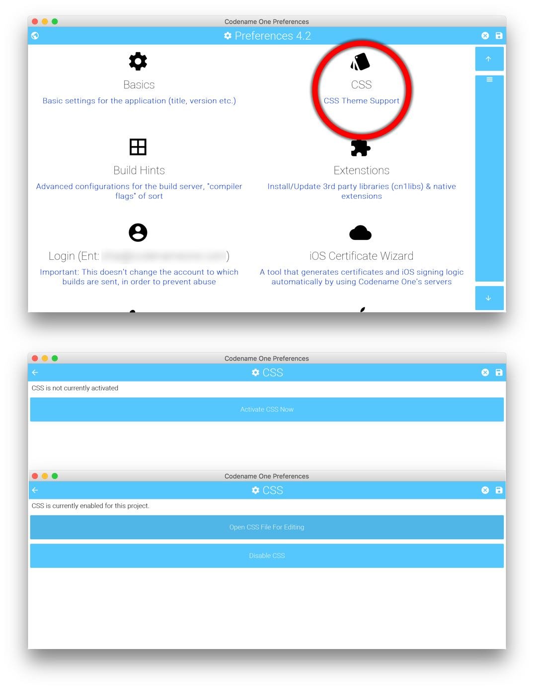 The CSS Option in Codename One Settings