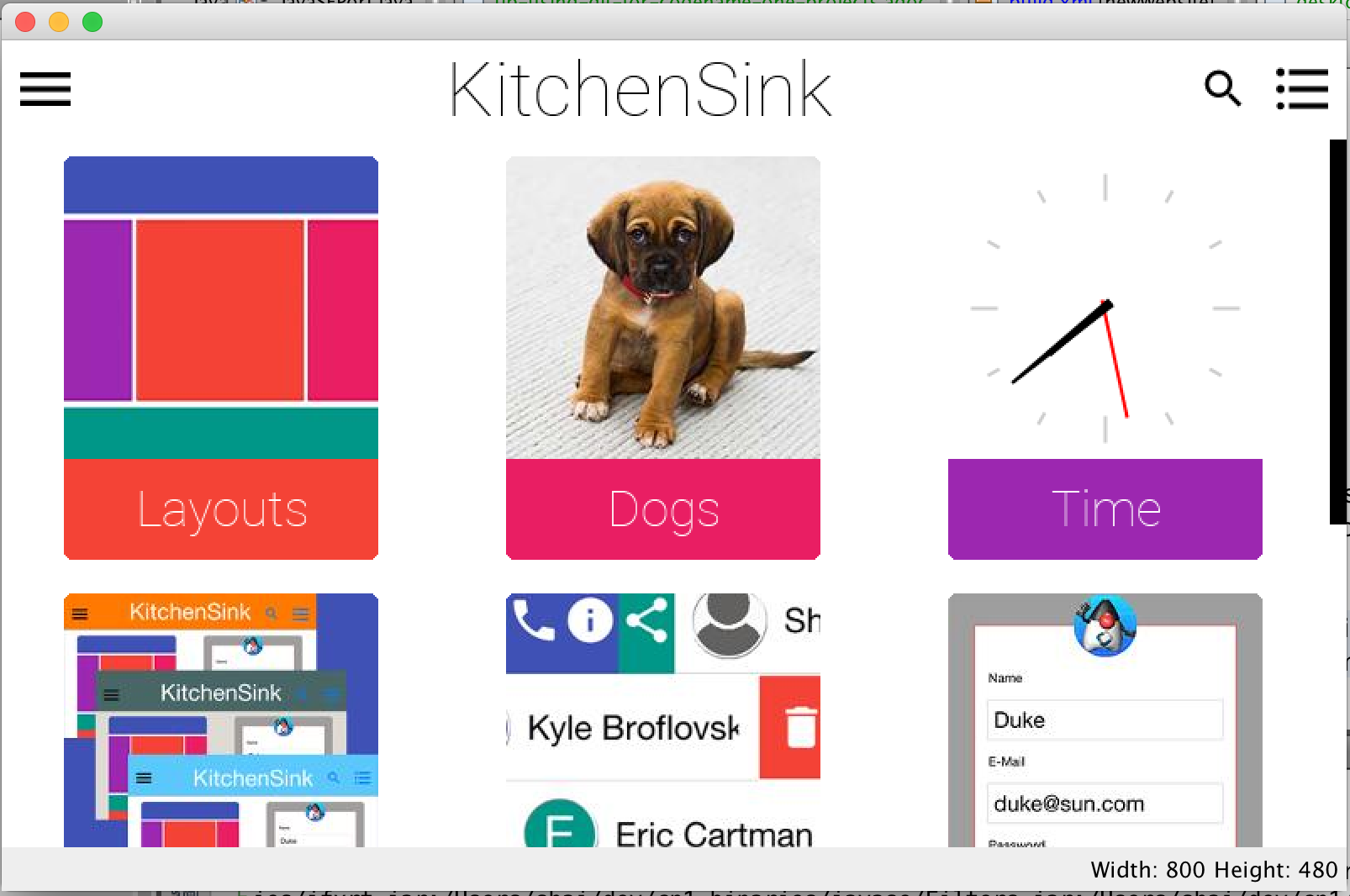 The desktop skin running the kitchen sink demo