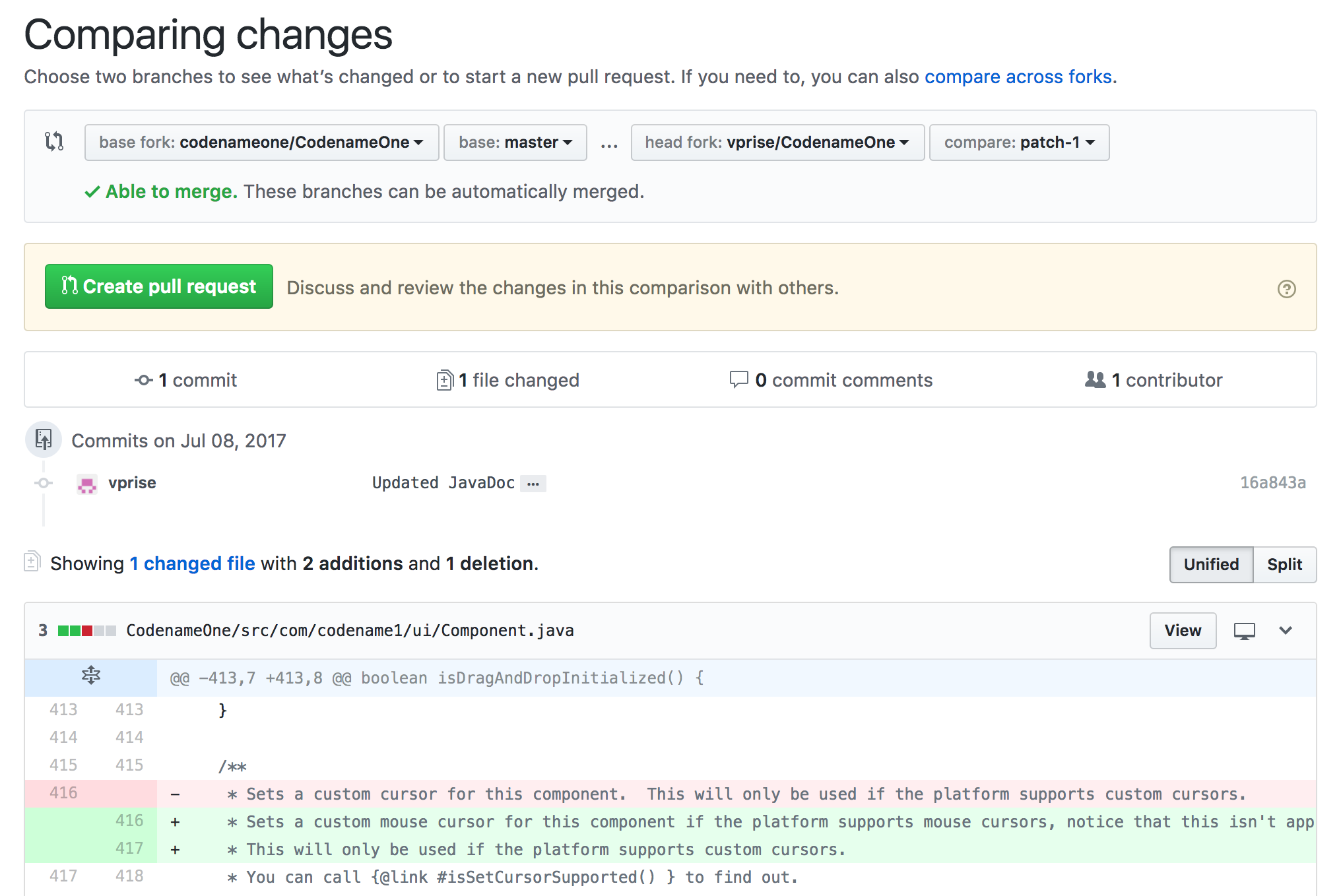 First stage of pull request you are prompted with the diff of the change you made