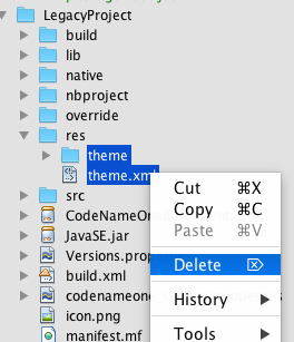 Delete the res/theme directory and res/theme.xml file