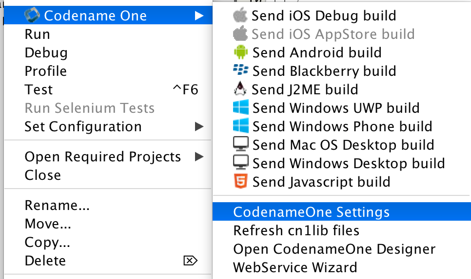 Open the new Codename One preferences options in the right click for the project