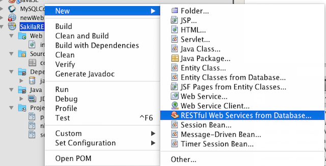 RESTful Web Services from Database menu item