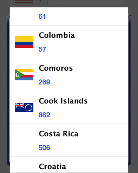 When clicking on the country code you are prompted with a list of countries