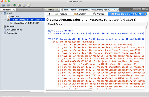 Visual VM showing the stack trace for the designer tool