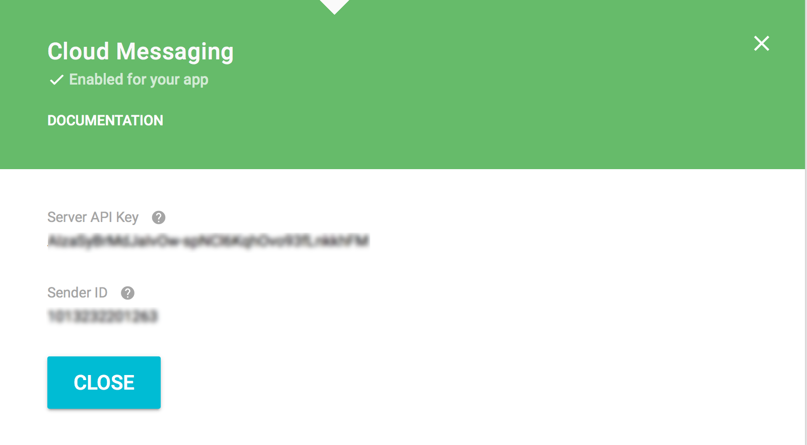 You should now have the values for both `GCM_SENDER_ID` & `GCM_SERVER_API_KEY`