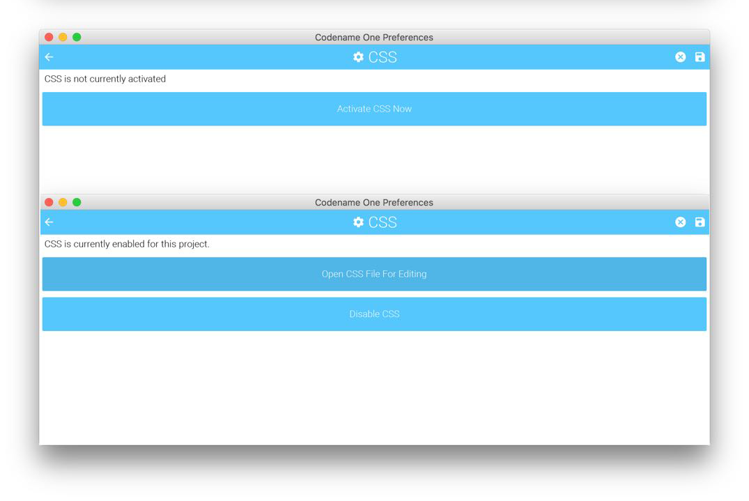 The CSS Option in Codename One Settings