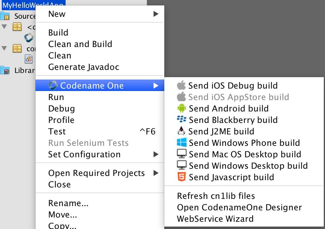 Right click menu options for sending device builds