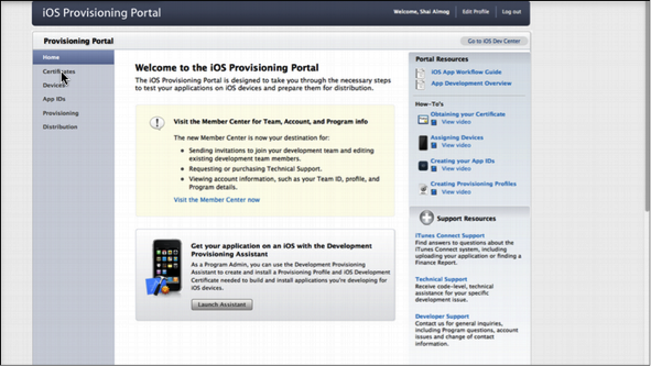 Log into IOS provisioning portal