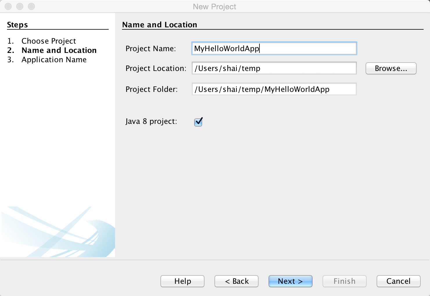 New Project Dialog Step 2 - Select the project name/location