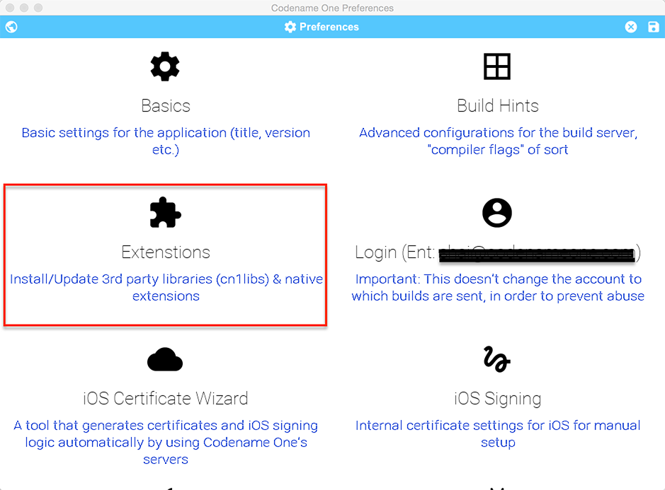 Extensions Option In the Settings